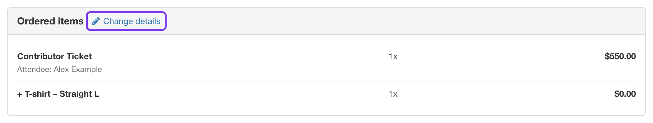 The pretix order page showing the "Ordered items" heading bar with the "Change details" link highlighted beside it.