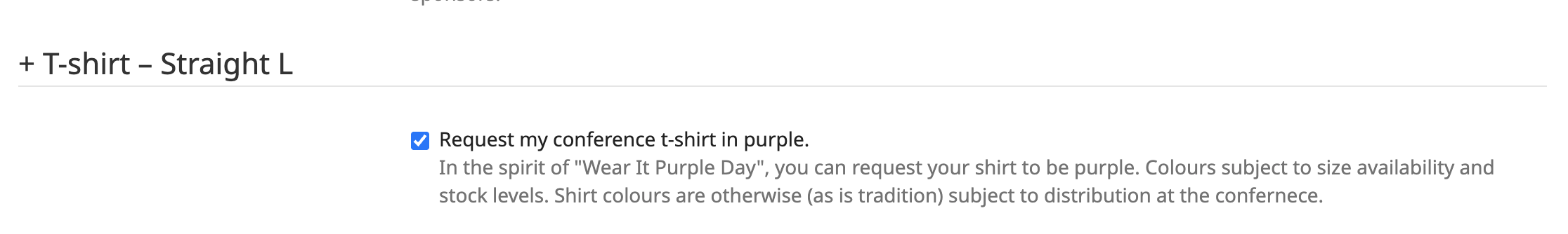 The pretix order form showing a ticked checkbox labelled "Request my conference t-shirt in purple" beneath a T-shirt order item.